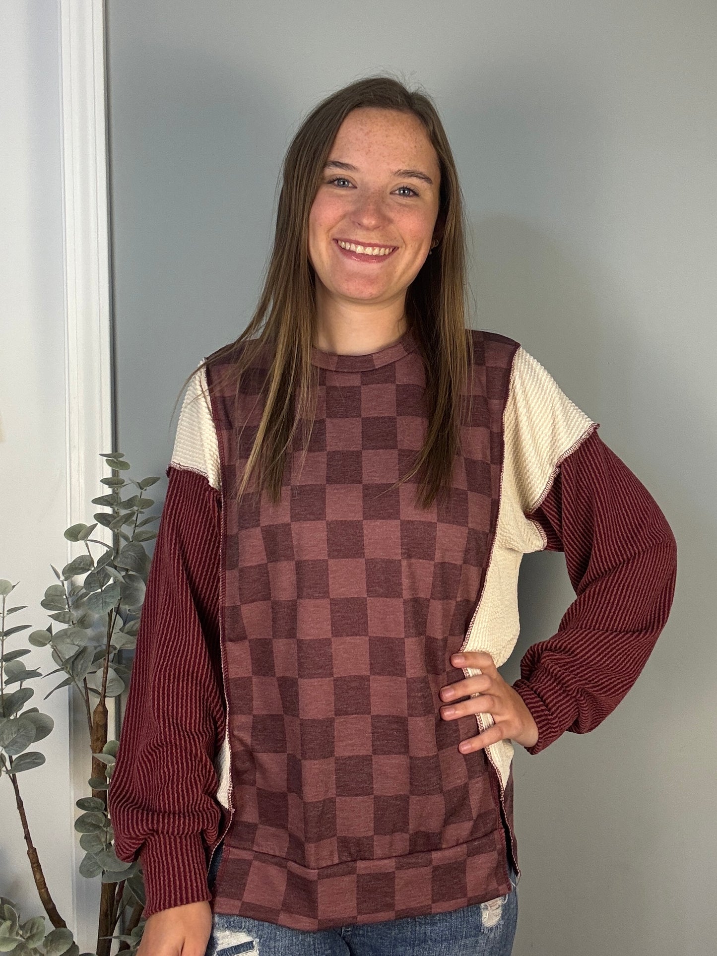 Burgundy Checkered Pullover