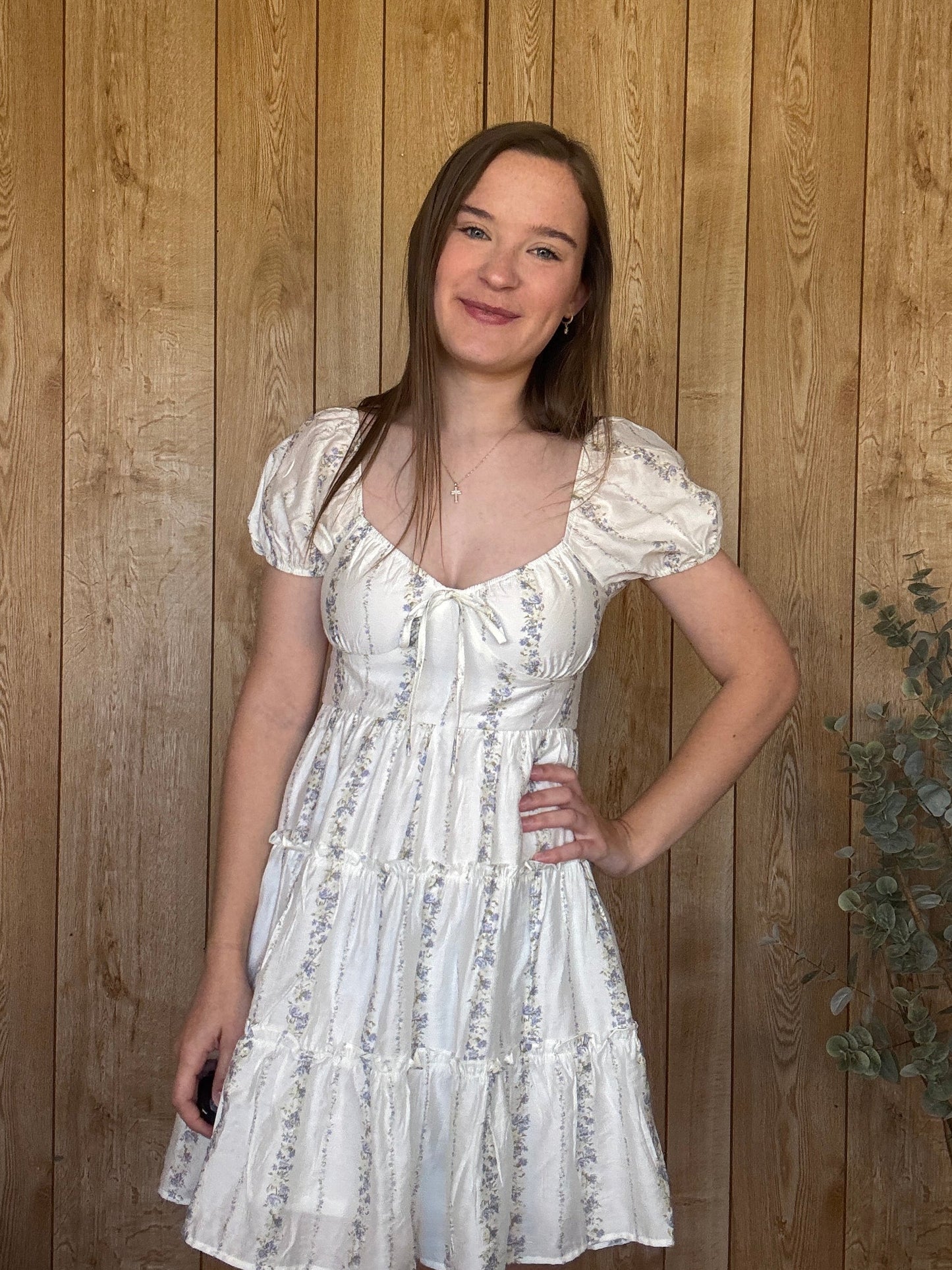 Stripe Floral Puff Sleeve Dress - Blue