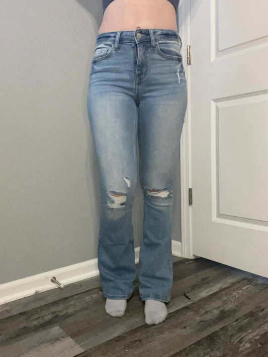 Mid Rise Distressed Flare Jeans