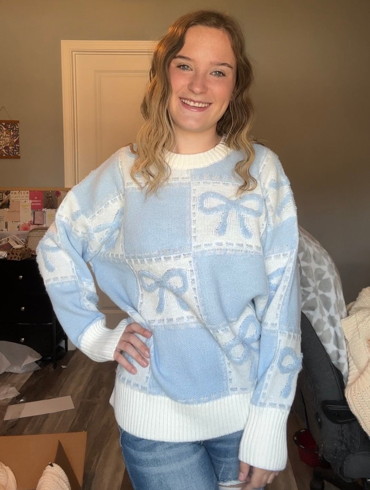 Dusty Blue Checkered Bow Sweater