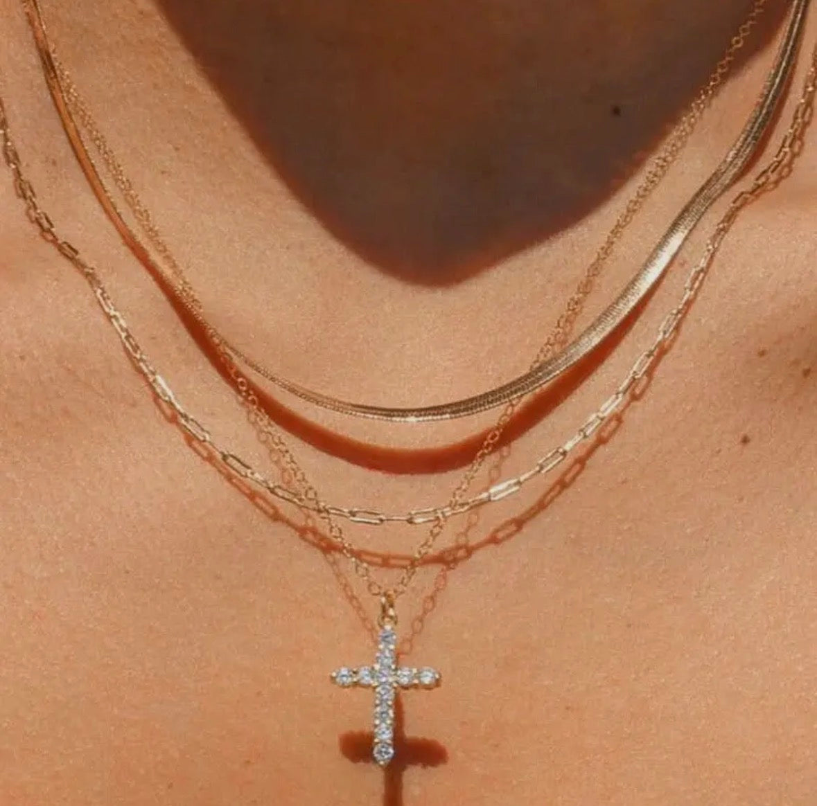 Multi-Layered Rhinestone Cross Necklace