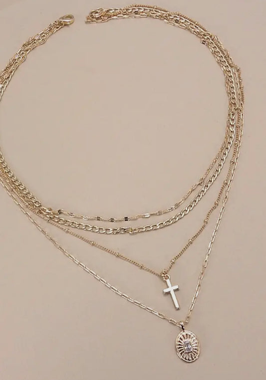 Multi Layer Cross Oval Charm Necklace