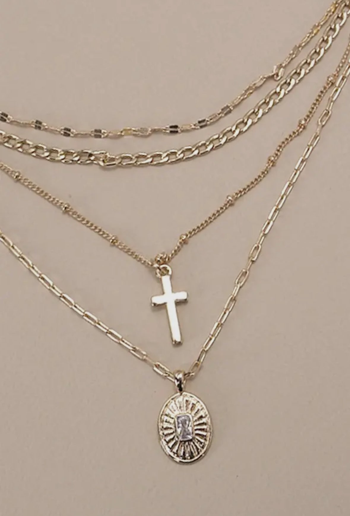 Multi Layer Cross Oval Charm Necklace