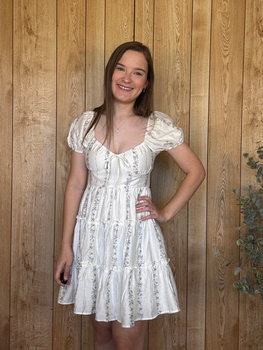Stripe Floral Puff Sleeve Dress - Blue