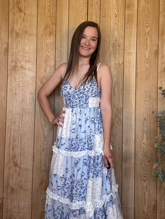 Checkered Floral Spaghetti Strap Midi Dress