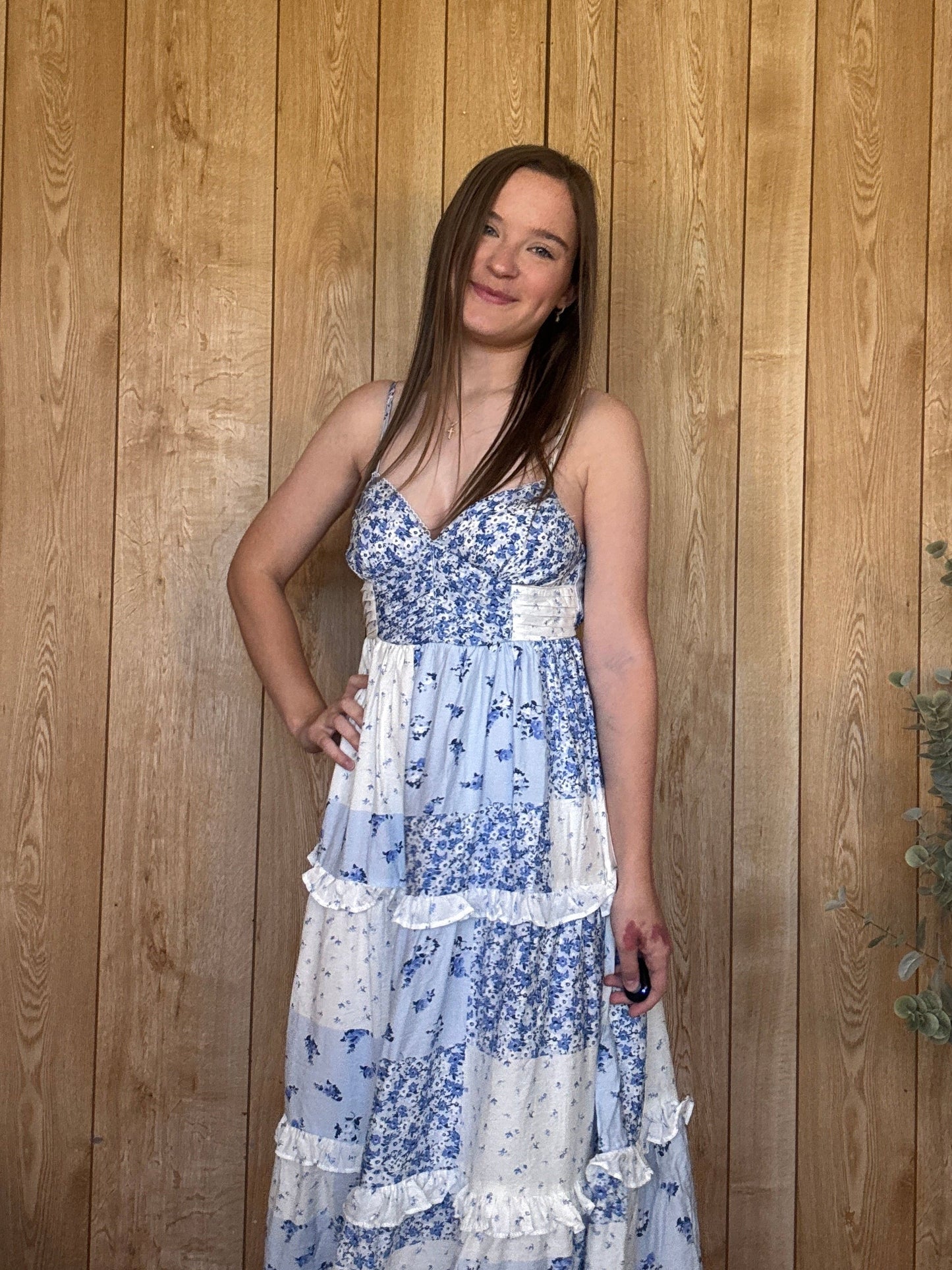 Checkered Floral Spaghetti Strap Midi Dress
