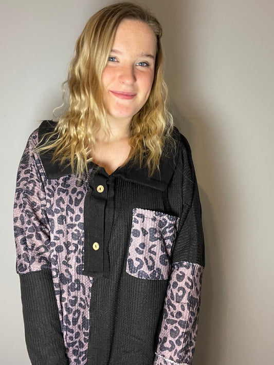 Leopard Patchwork Waffle Knit Buttoned Blouse