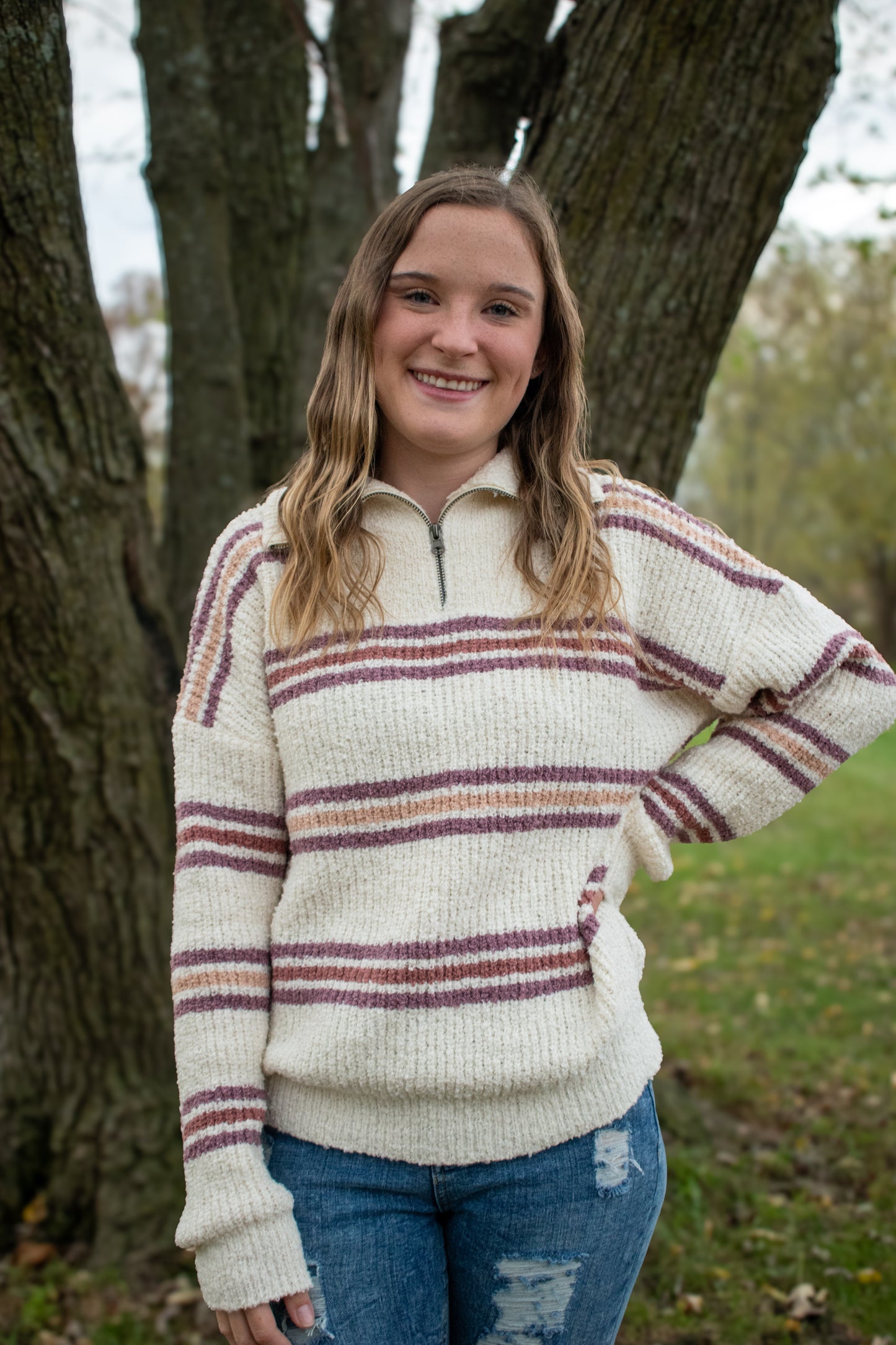 Striped Quarter Zip Knit Sweater